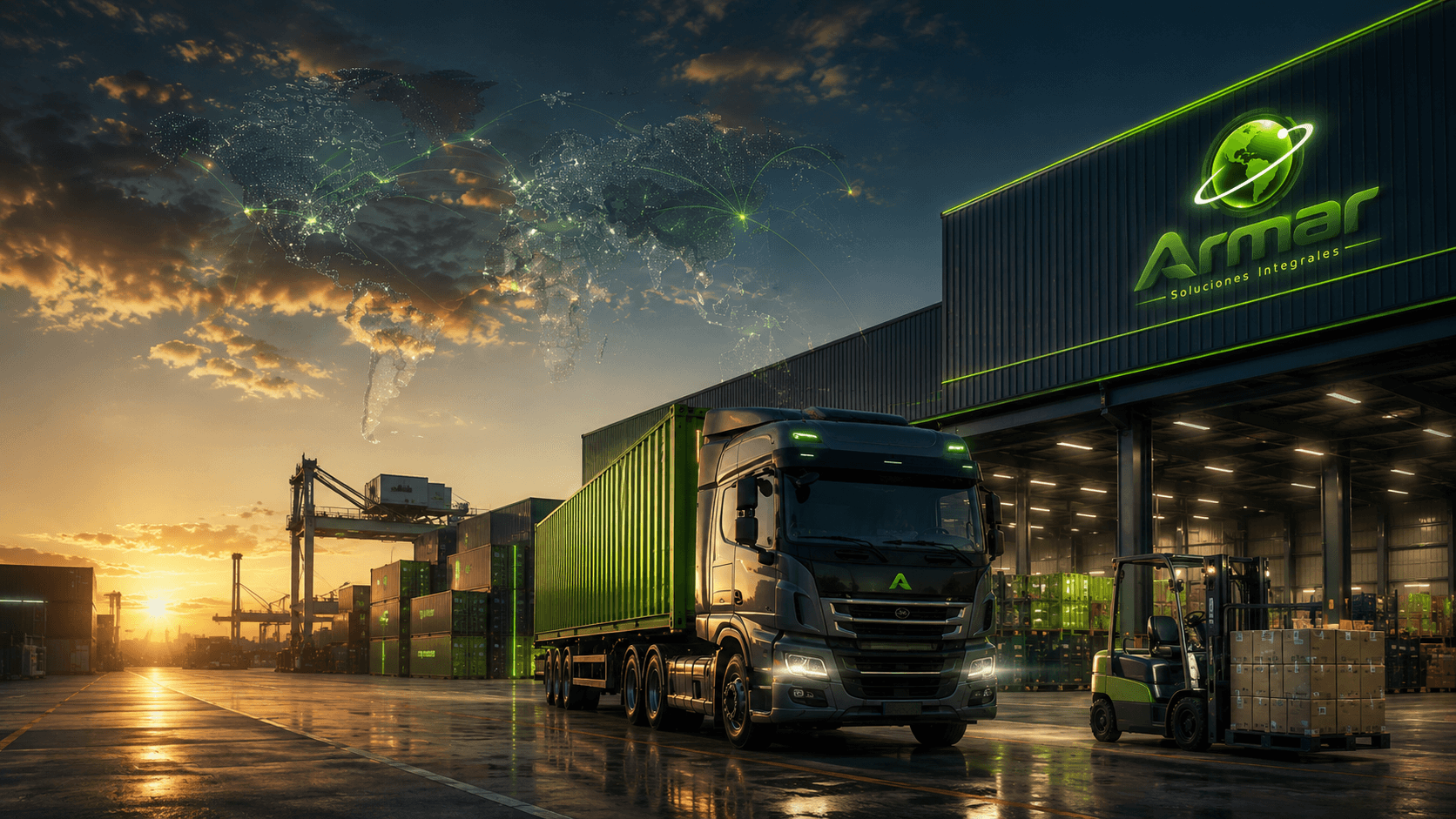Camión y contenedores de ARMAR Soluciones Integrales en un depósito logístico